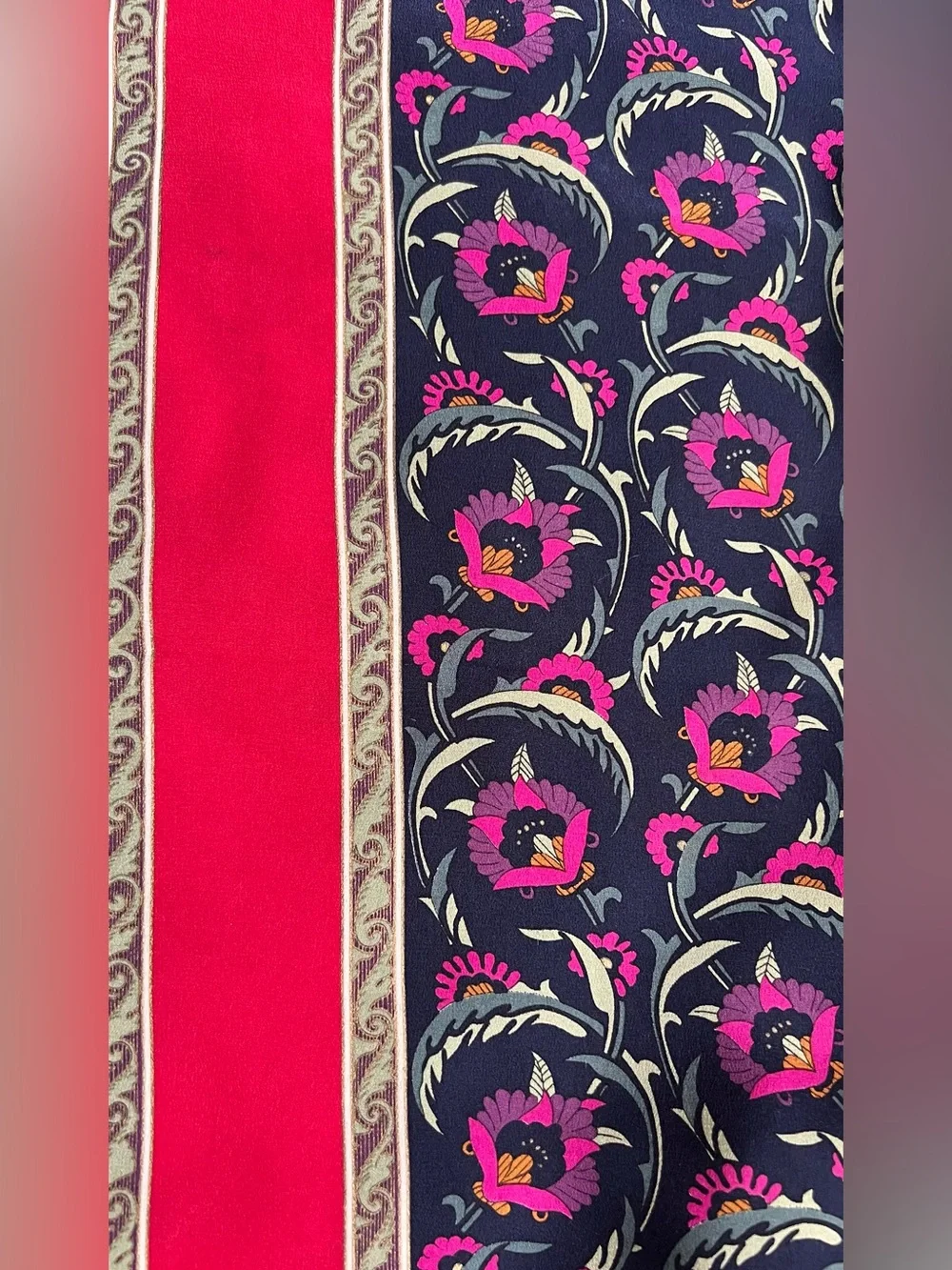 Yves Saint Laurent Vintage Silk Scarf Floral Print Square Shawl Red Pink Navy
